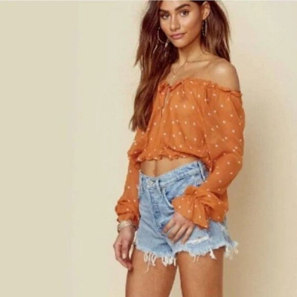 For Love & Lemons Analisa Orange White Polka Dot Sheer Rayon Crop Top Size M - Picture 1 of 11